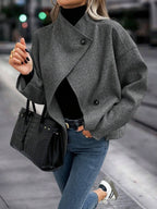 Elise | Asymmetrical Stand Collar Overcoat, Cropped Wrap Coat oaklynwear
