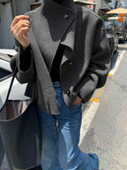 Elise | Asymmetrical Stand Collar Overcoat, Cropped Wrap Coat oaklynwear