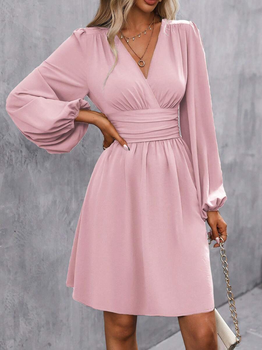Makayla Surplice V-Neck Lantern Sleeve Ruched Waist A-Line Dress - view 12