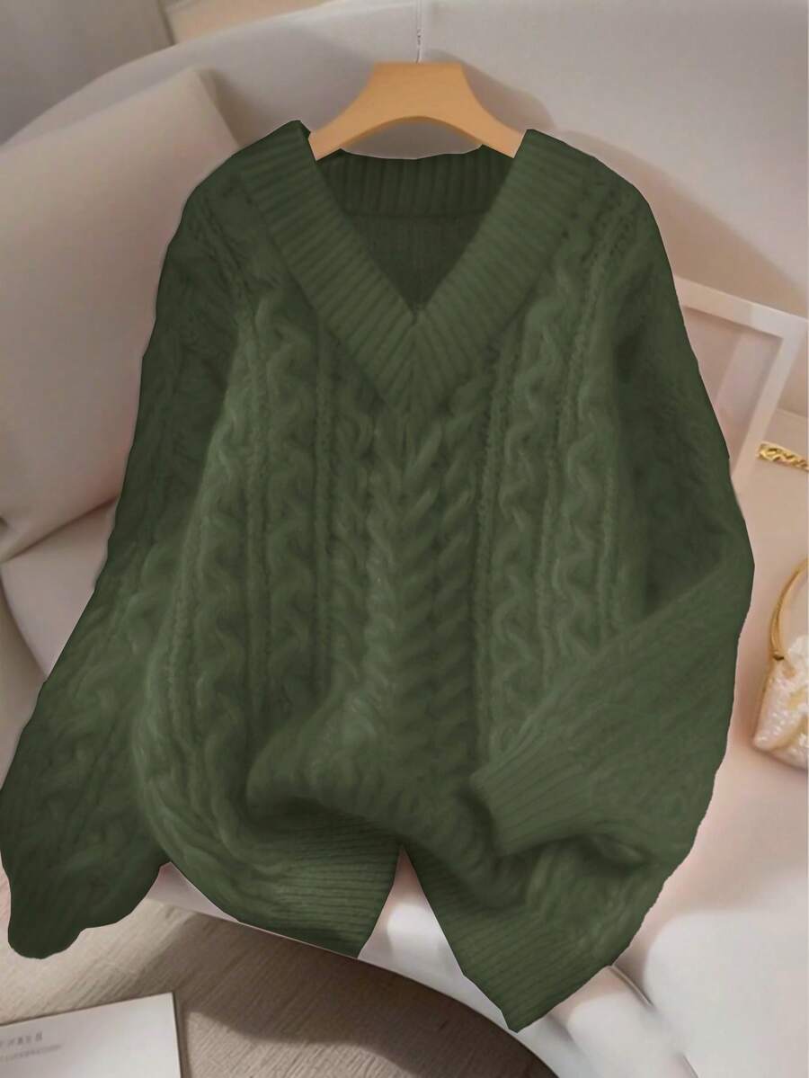 Franclia New Loose, Soft, Sweet Pink Oversized Design V-Neck Thick Cable Knit Pullover Sweater For Women, & Versatile For Autumn/Winter oaklynwear