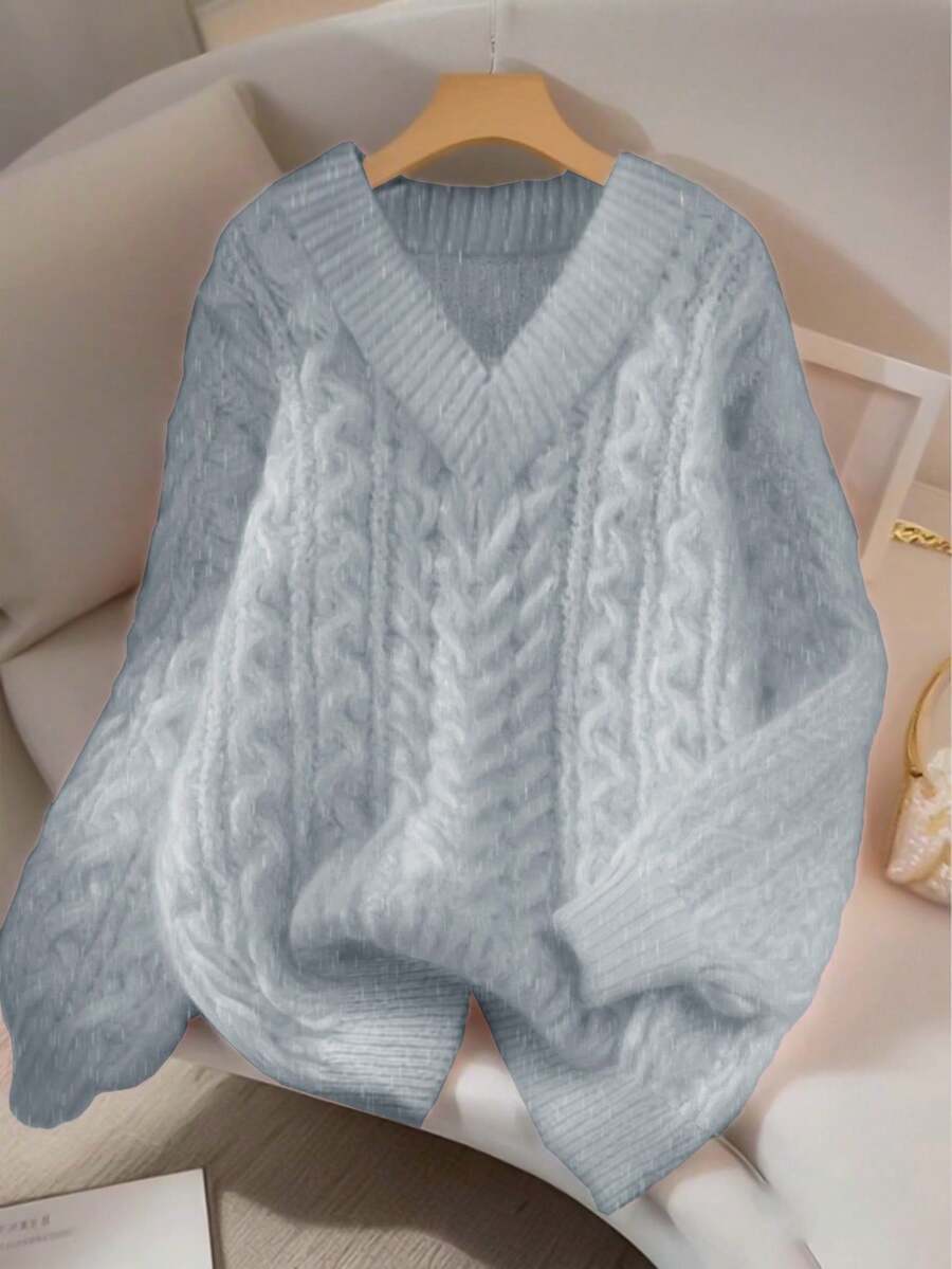 Franclia New Loose, Soft, Sweet Pink Oversized Design V-Neck Thick Cable Knit Pullover Sweater For Women, & Versatile For Autumn/Winter oaklynwear