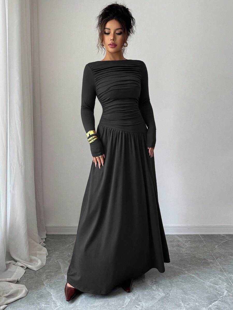 Elenzga Women Black Elegant Milk Silk Knitted Maxi Dress,Fall Winter Long Sleeve Off Shoulder Pleated Front Waist A-Line Loose Dress For Dining,Office,Party oaklynwear