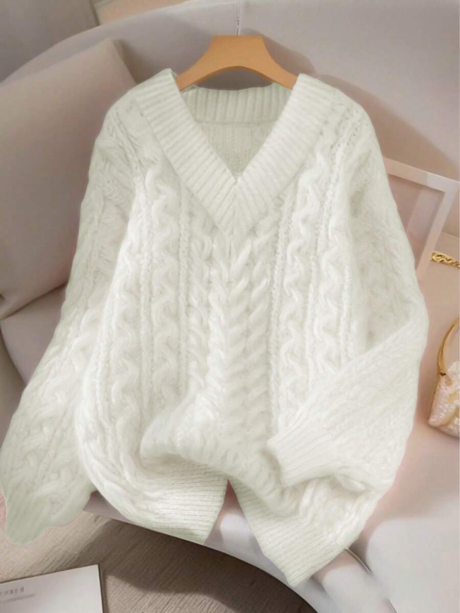 Franclia New Loose, Soft, Sweet Pink Oversized Design V-Neck Thick Cable Knit Pullover Sweater For Women, & Versatile For Autumn/Winter oaklynwear