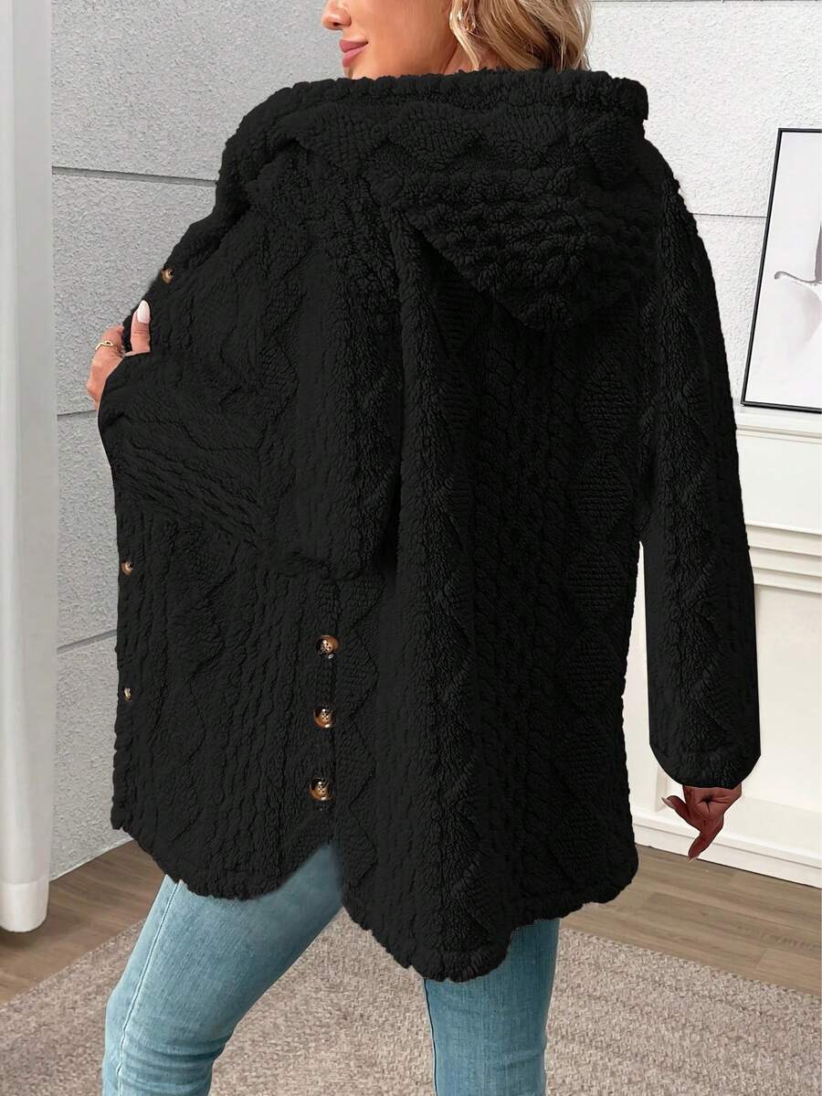 Long Solid Color Diamond Pattern Soft Fleece Front Button Cardigan, Everyday Wear, Autumn/Winter Black oaklynwear