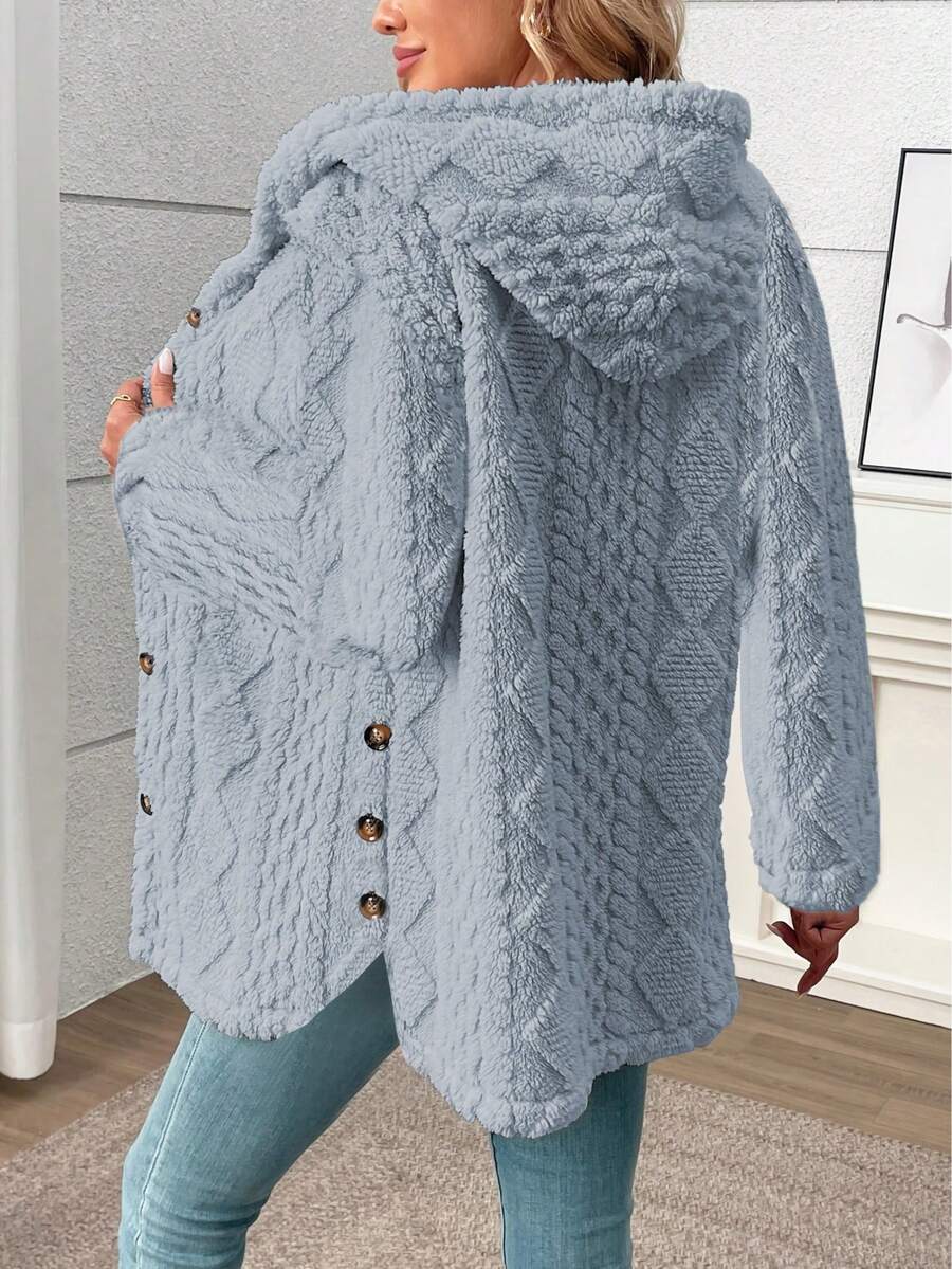 Long Solid Color Diamond Pattern Soft Fleece Front Button Cardigan, Everyday Wear, Autumn/Winter Black oaklynwear