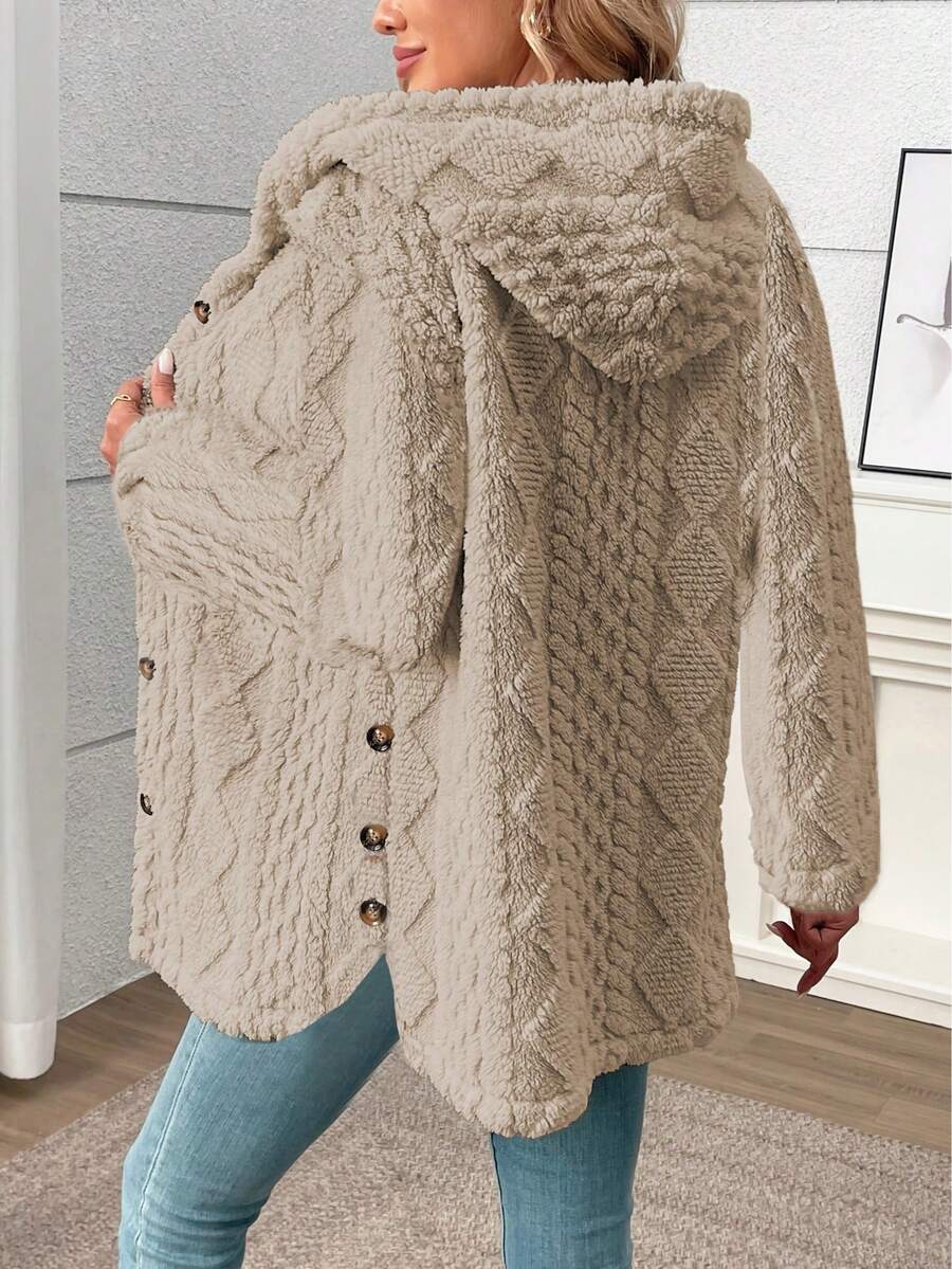 Long Solid Color Diamond Pattern Soft Fleece Front Button Cardigan, Everyday Wear, Autumn/Winter Black oaklynwear
