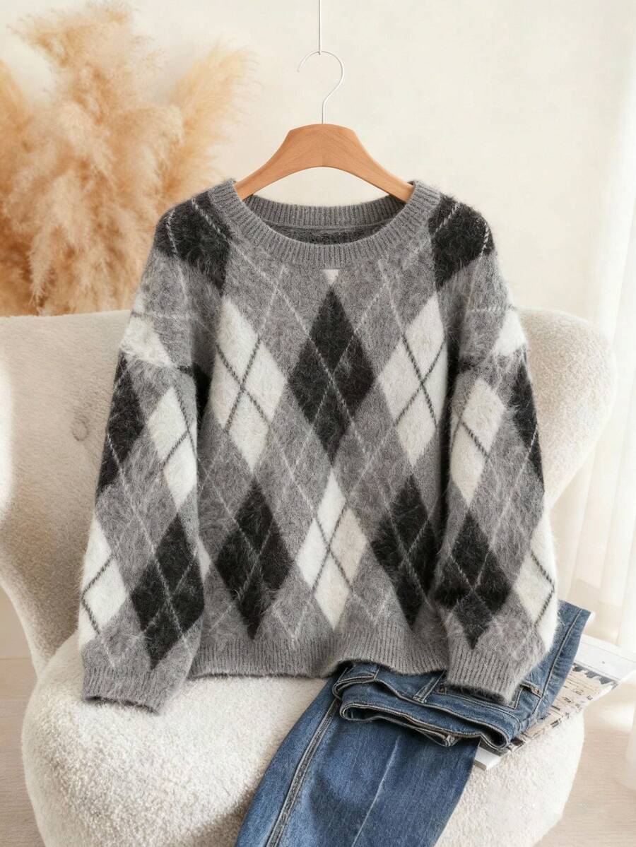 Franclia Women's Retro Argyle Pattern Contrast Color Pullover Sweater,Loose Knit Plus Size Brown&Orange,Autumn Casual School Back-To-School Jacquard Sweater oaklynwear