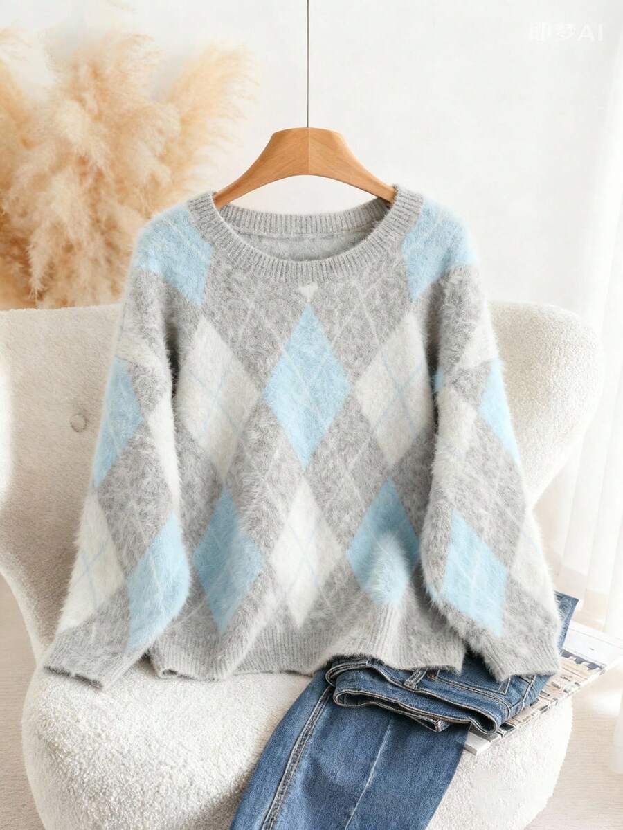 Franclia Women's Retro Argyle Pattern Contrast Color Pullover Sweater,Loose Knit Plus Size Brown&Orange,Autumn Casual School Back-To-School Jacquard Sweater oaklynwear