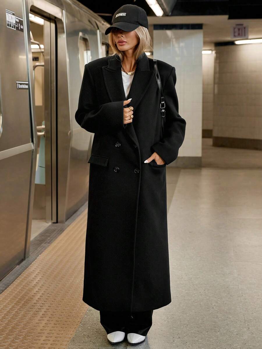Juliana | Herringbone Lapel Double-Breasted Long Overcoat, Oversized Winter Coat oaklynwear