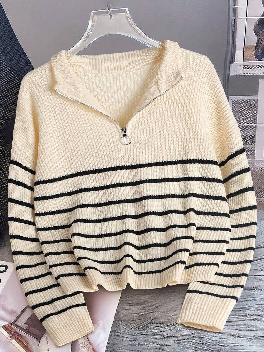 Pariaura Striped Pattern Half Zip Drop Shoulder Jumper oaklynwear