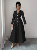 Justice Lapel Button-Front A-Line Long Dress - front view