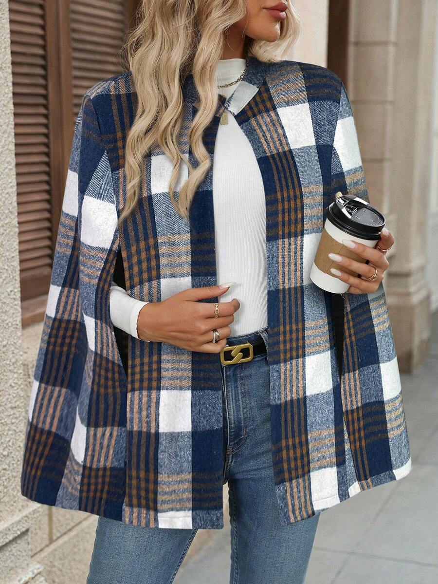Jessica | Plaid Cape Coat with Cloak Sleeves, Elegant Stand Collar Overcoat oaklynwear