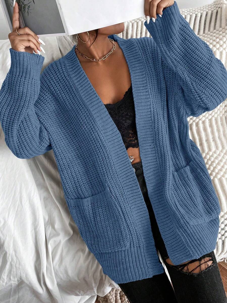 SHEIN Solid Dual Pockets Ribbed Knit Cardigan,Long Sleeve Tops Fall Winter Cloth For Women oaklynwear