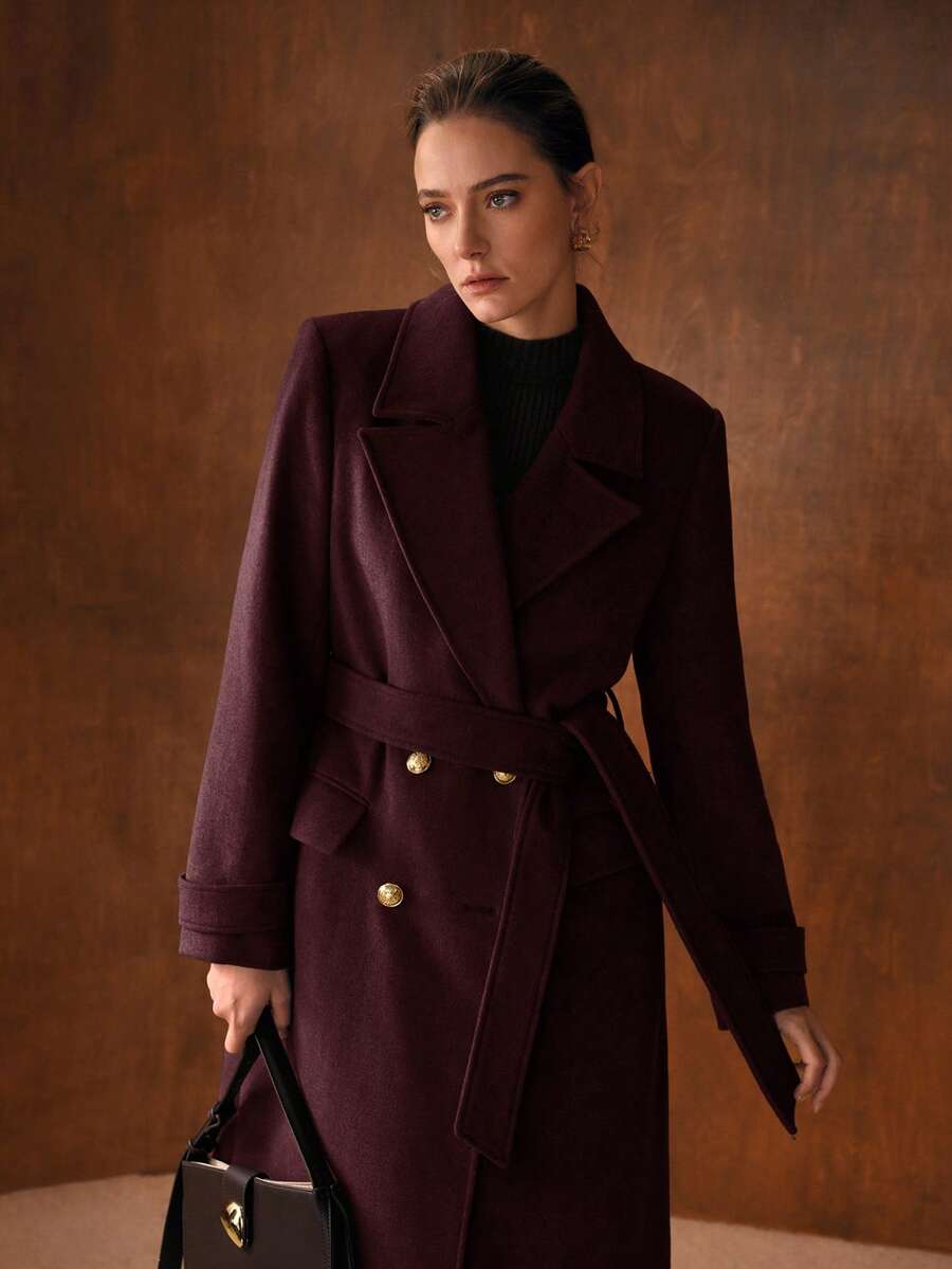 MOTF PREMIUM AUTUMN/WINTER LAPEL COLLAR DOUBLE BREASTED PLACKET BELTED FITTED LONG OVERCOAT oaklynwear