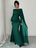 Elenzga Asymmetric Cape Collar Flared Waist Ruched Metal Decor A-Line Elegant Romantic Sophisticated Women's Velvet Dress, Autumn/Winter oaklynwear