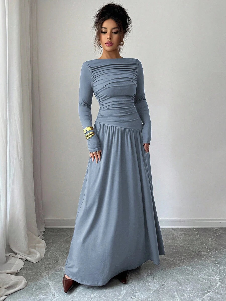 Elenzga Women Black Elegant Milk Silk Knitted Maxi Dress,Fall Winter Long Sleeve Off Shoulder Pleated Front Waist A-Line Loose Dress For Dining,Office,Party oaklynwear
