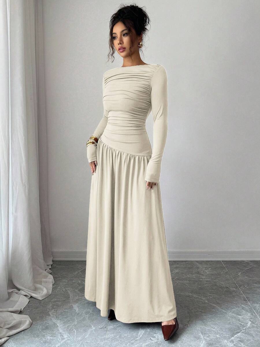 Elenzga Women Black Elegant Milk Silk Knitted Maxi Dress,Fall Winter Long Sleeve Off Shoulder Pleated Front Waist A-Line Loose Dress For Dining,Office,Party oaklynwear