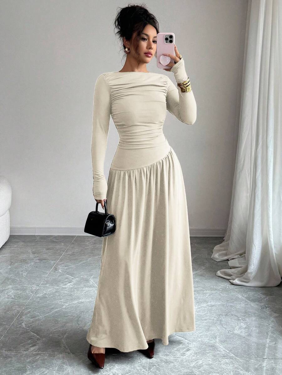Elenzga Women Black Elegant Milk Silk Knitted Maxi Dress,Fall Winter Long Sleeve Off Shoulder Pleated Front Waist A-Line Loose Dress For Dining,Office,Party oaklynwear