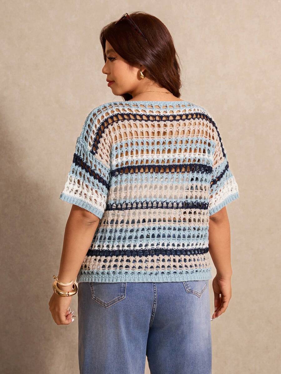 Elaquor Plus Size Colorblock Striped Hollow-Out Knit Sweater oaklynwear