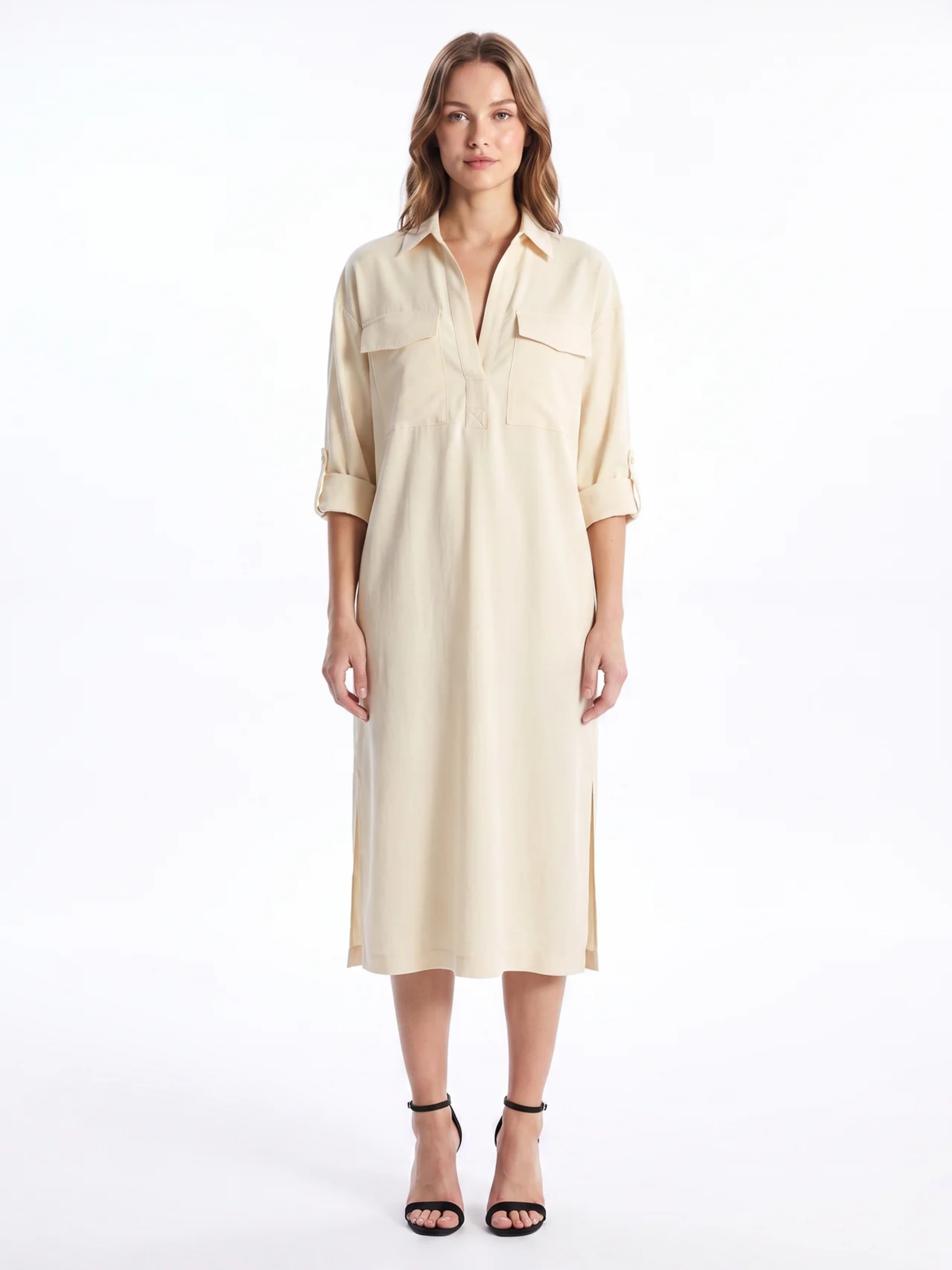 Frances | Black Linen Shirt Collar Midi Dress oaklynwear