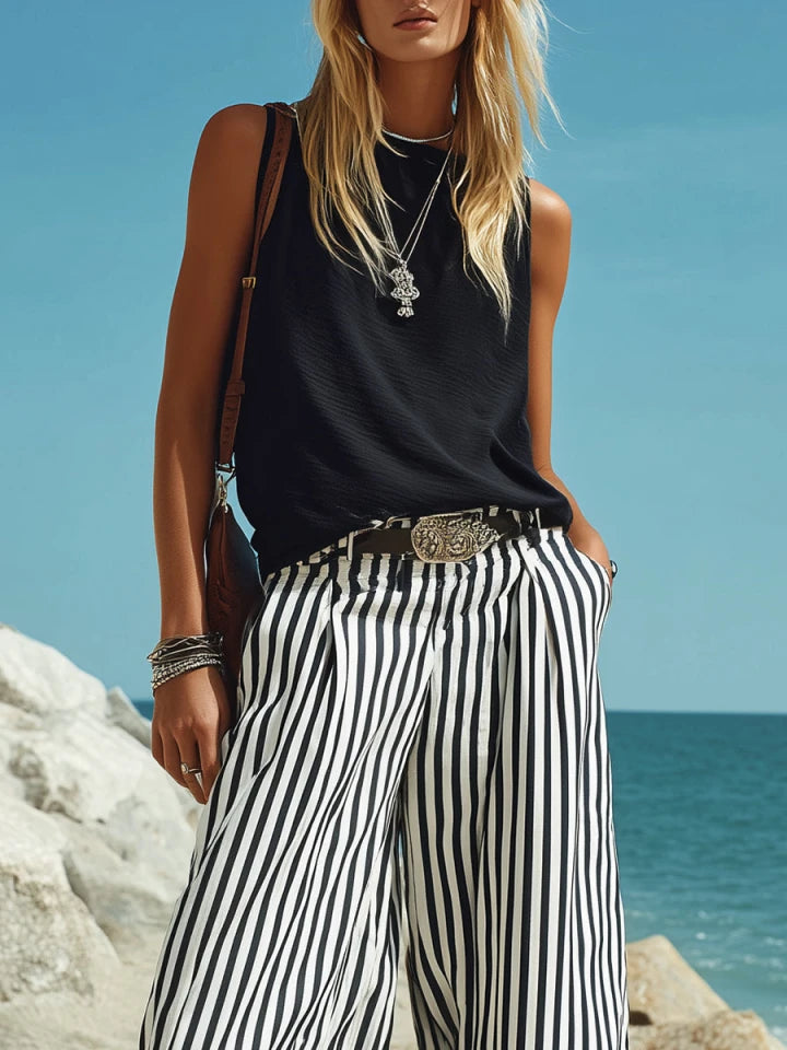Marina | Striped Wide-Leg Pants Vest Set oaklynwear