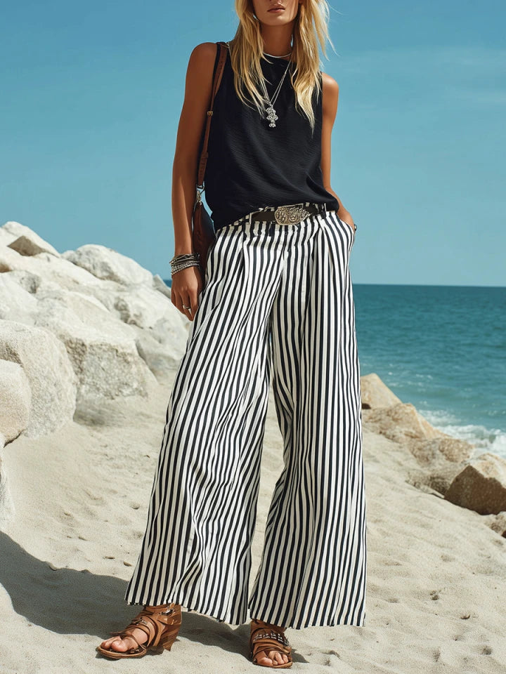 Marina | Striped Wide-Leg Pants Vest Set oaklynwear