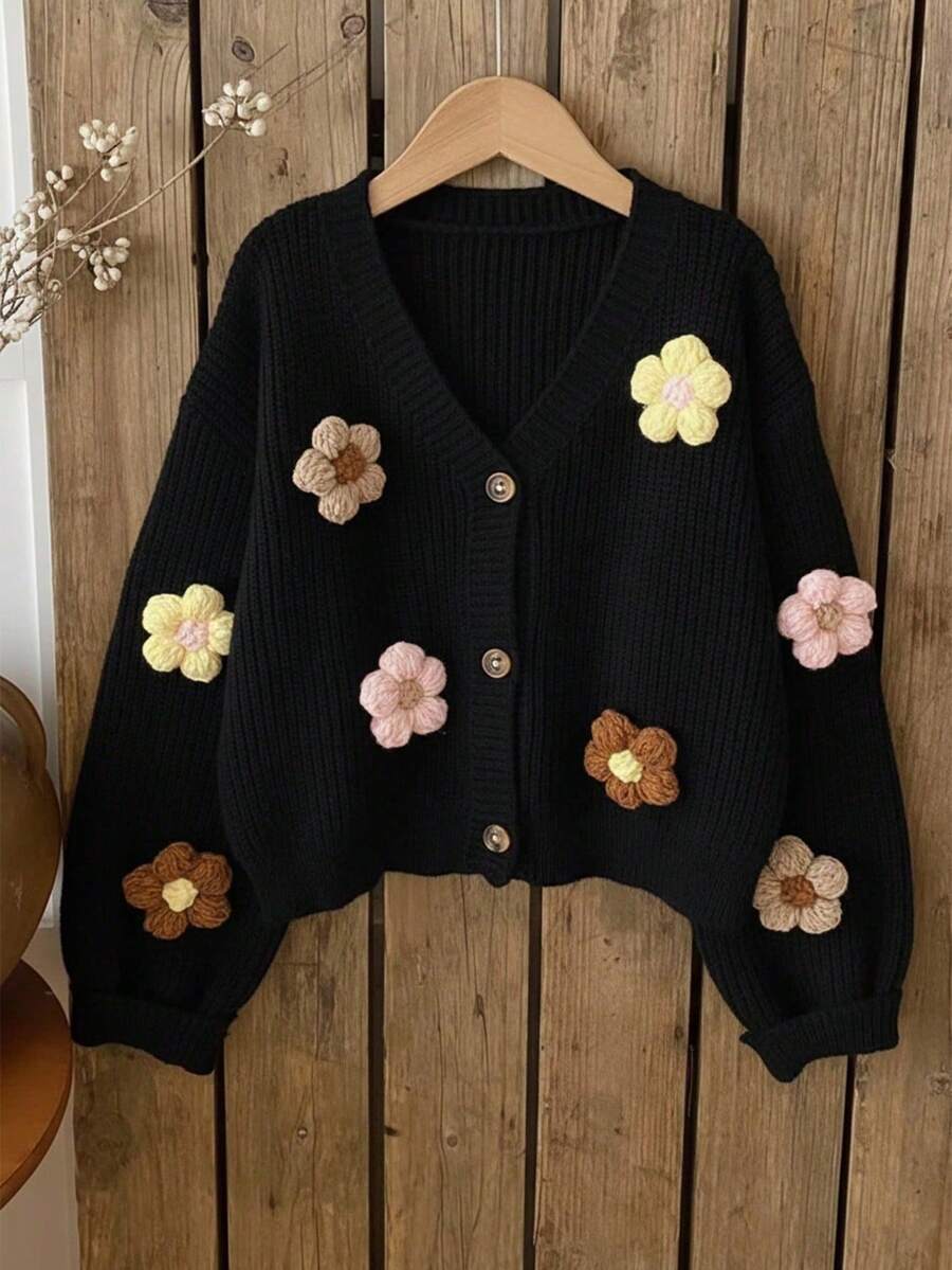 Apricot Contrast 3D Floral Knit Cardigan, Loose V-Neck Cropped, Versatile Casual Date Top Fall oaklynwear