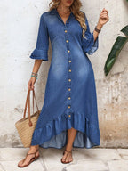Melanie Single-Breasted Denim-Look Shirt Dress Ruffle Hem Ruched - front view