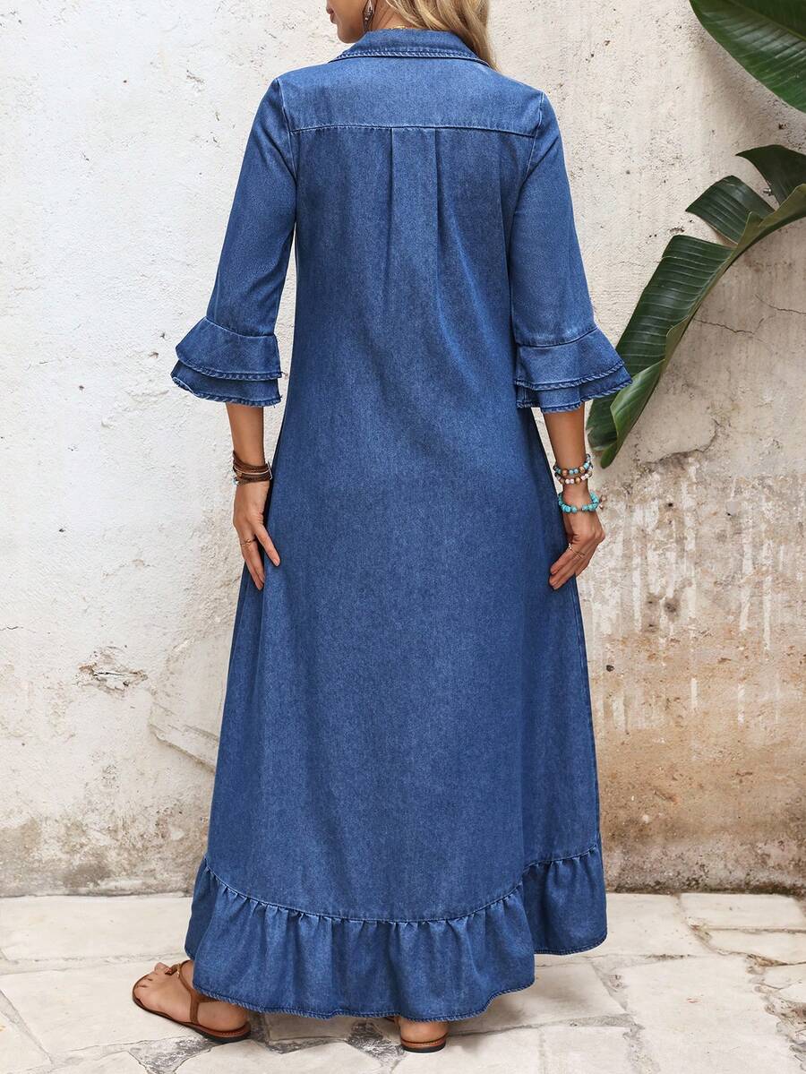 Melanie Single-Breasted Denim-Look Shirt Dress Ruffle Hem Ruched - view 2