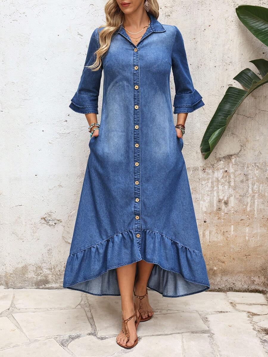 Melanie Single-Breasted Denim-Look Shirt Dress Ruffle Hem Ruched - view 3