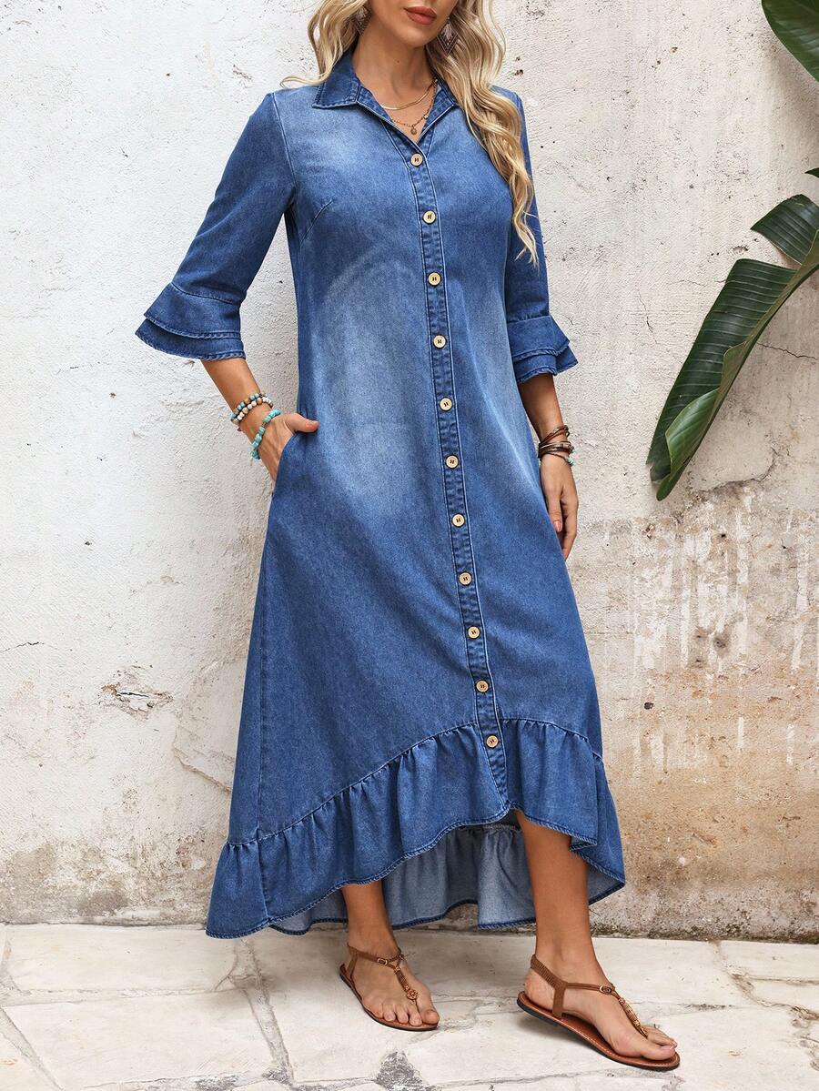 Melanie Single-Breasted Denim-Look Shirt Dress Ruffle Hem Ruched - view 4
