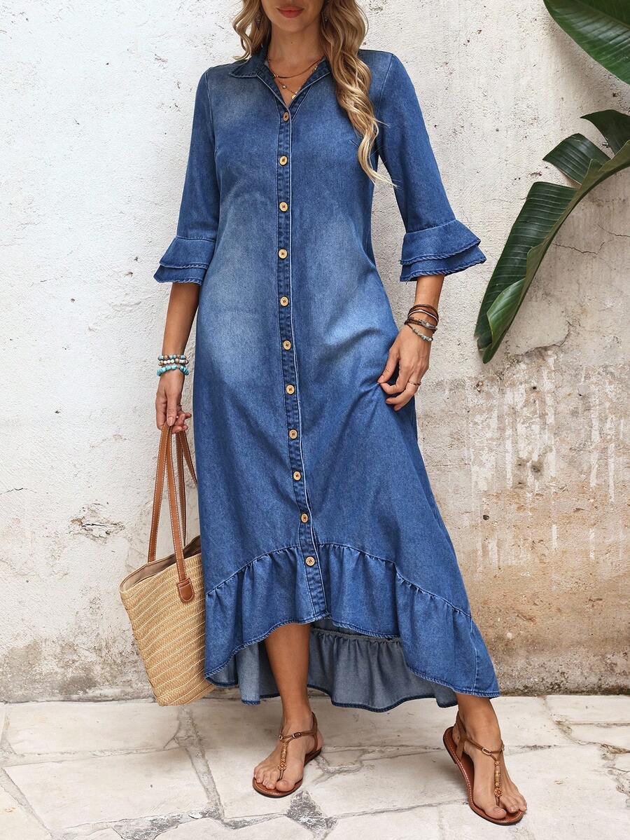 Melanie Single-Breasted Denim-Look Shirt Dress Ruffle Hem Ruched - view 5