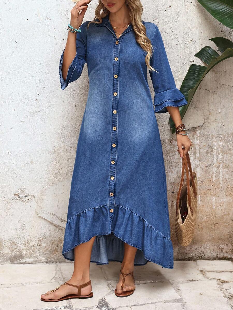 Melanie Single-Breasted Denim-Look Shirt Dress Ruffle Hem Ruched - view 6