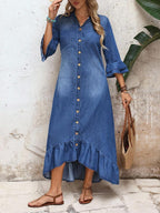 Melanie Single-Breasted Denim-Look Shirt Dress Ruffle Hem Ruched - view 6