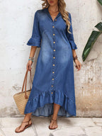 Melanie Single-Breasted Denim-Look Shirt Dress Ruffle Hem Ruched - view 7