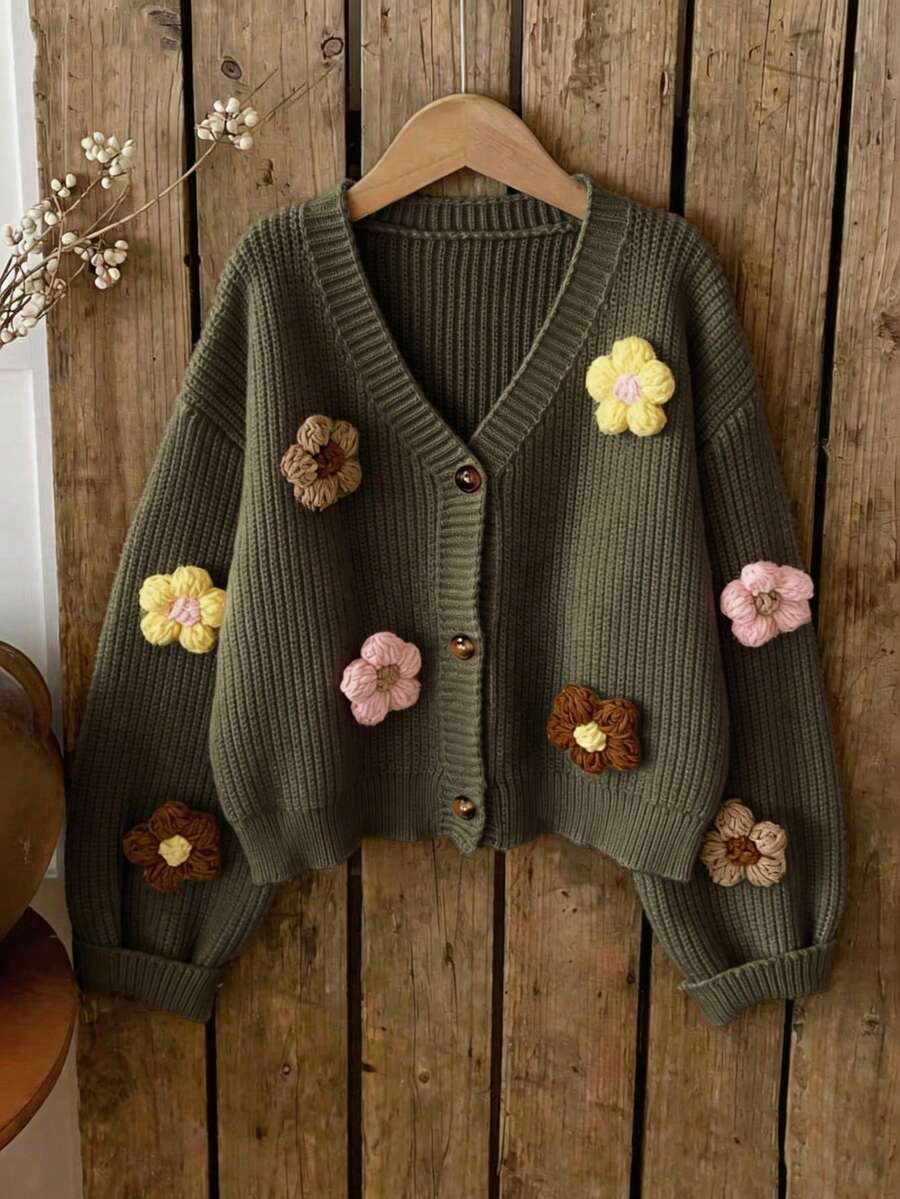 Apricot Contrast 3D Floral Knit Cardigan, Loose V-Neck Cropped, Versatile Casual Date Top Fall oaklynwear