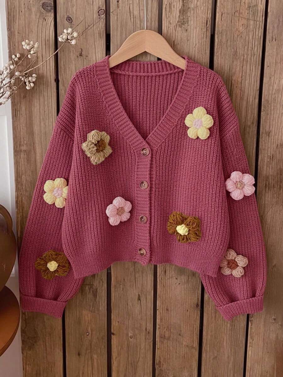 Apricot Contrast 3D Floral Knit Cardigan, Loose V-Neck Cropped, Versatile Casual Date Top Fall oaklynwear