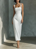 Sophie | Women's Simple White Cotton and Linen Blend Sleeveless Midi Dress oaklynwear