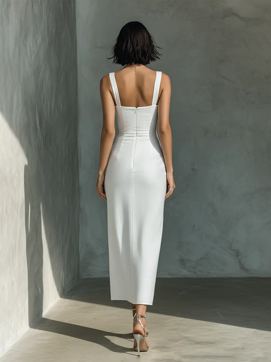Sophie | Women's Simple White Cotton and Linen Blend Sleeveless Midi Dress oaklynwear