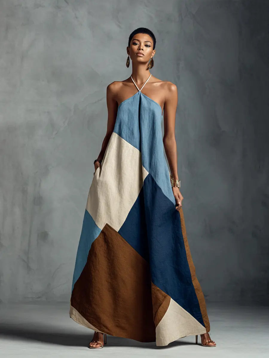 Savannah | Women's Bohemian Multi-Color Cotton Linen Blend Patchwork Halter Maxi Dress oaklynwear