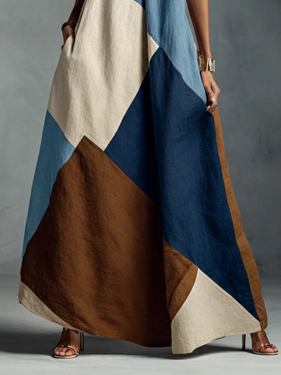 Savannah | Women's Bohemian Multi-Color Cotton Linen Blend Patchwork Halter Maxi Dress oaklynwear
