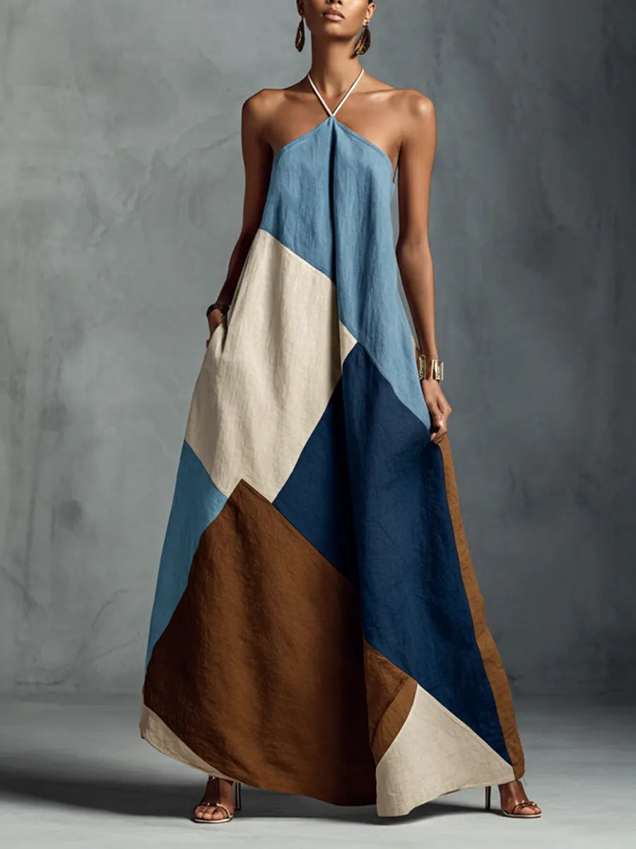 Savannah | Women's Bohemian Multi-Color Cotton Linen Blend Patchwork Halter Maxi Dress oaklynwear