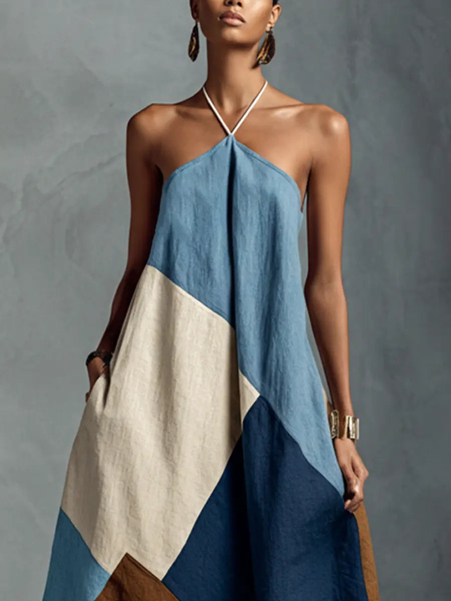 Savannah | Women's Bohemian Multi-Color Cotton Linen Blend Patchwork Halter Maxi Dress oaklynwear