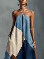 Savannah | Women's Bohemian Multi-Color Cotton Linen Blend Patchwork Halter Maxi Dress oaklynwear