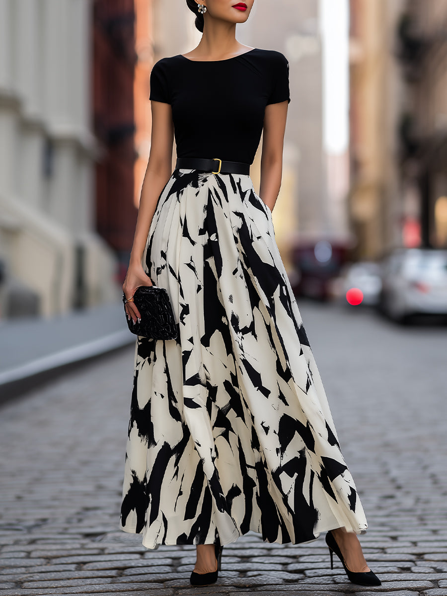 Abstract Print Pleated Maxi Dress oaklynwear