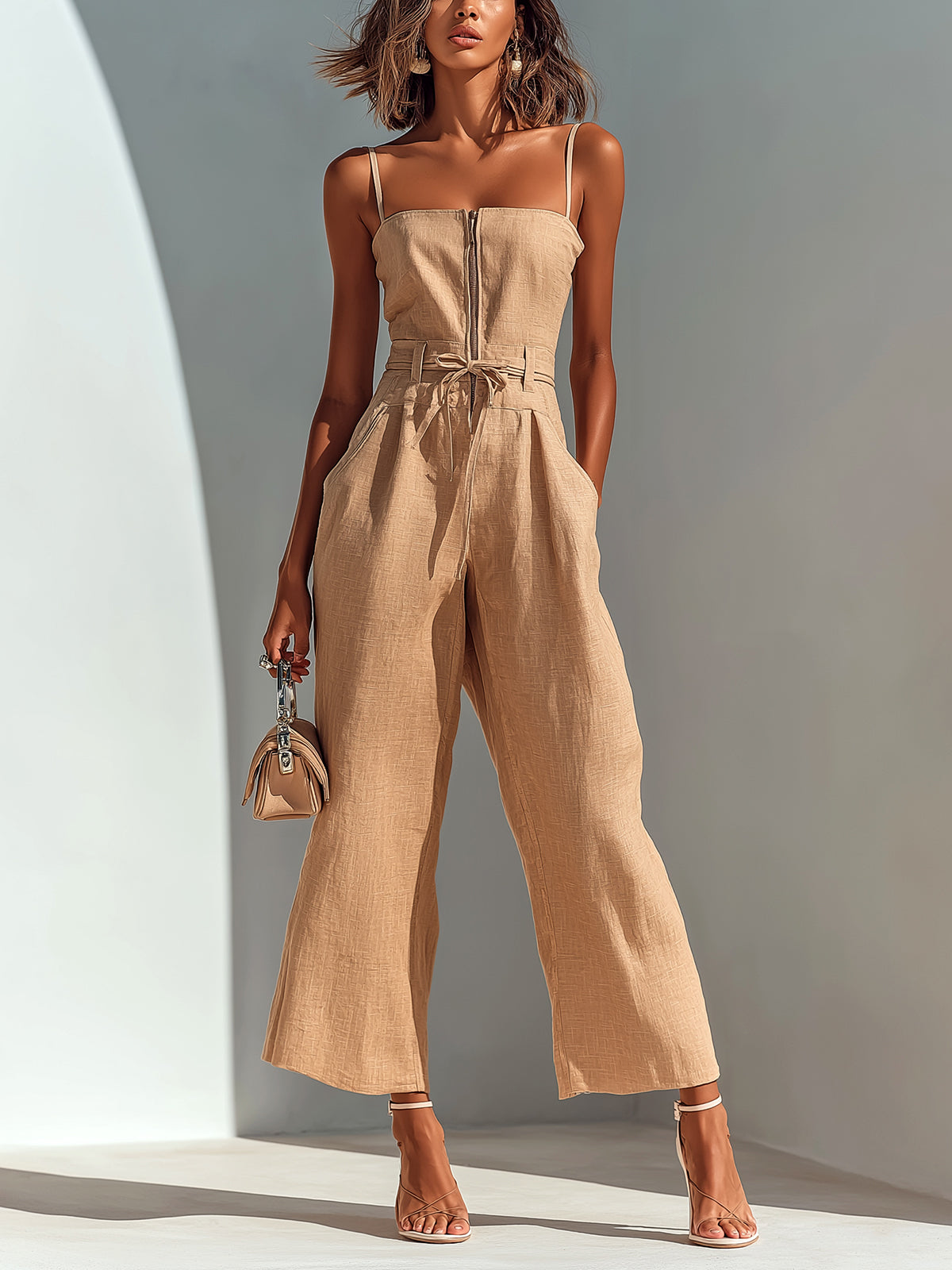 ElevenOra Chic Casual Camel Cotton-Linen Blend Strappy Sleeveless Zipper-Front Tie-Waist Wide-Leg Cropped Jumpsuit oaklynwear