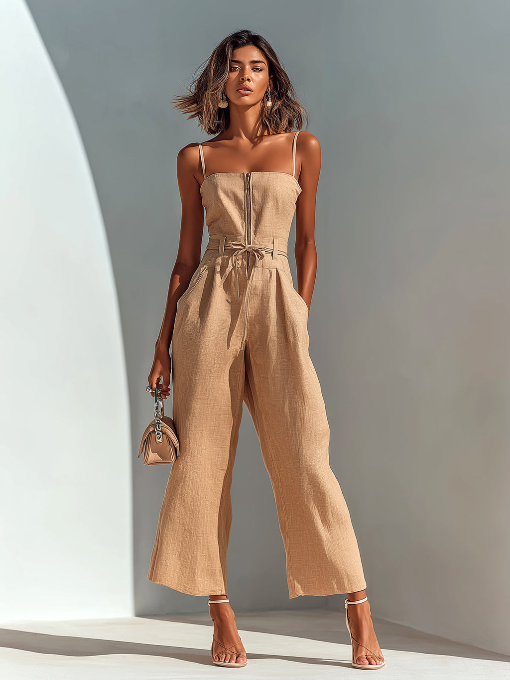 ElevenOra Chic Casual Camel Cotton-Linen Blend Strappy Sleeveless Zipper-Front Tie-Waist Wide-Leg Cropped Jumpsuit oaklynwear