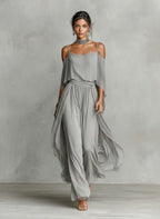 Simone | Women's Breathable Chiffon Set With Cold-Shoulder Detail & Flared Silhouette oaklynwear