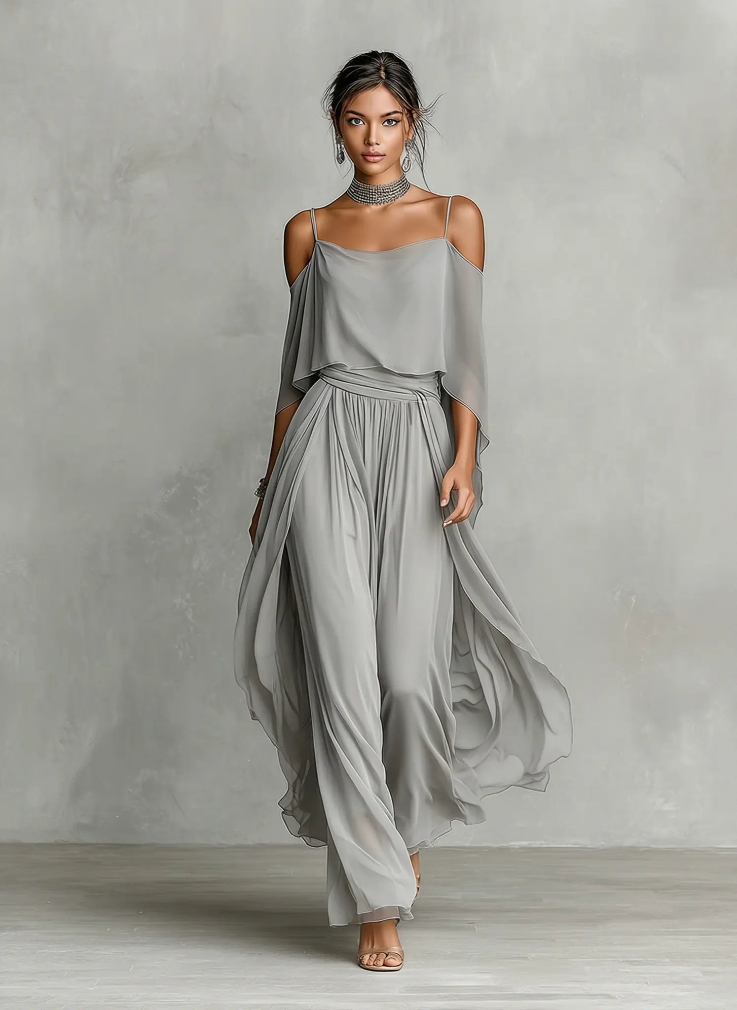 Simone | Women's Breathable Chiffon Set With Cold-Shoulder Detail & Flared Silhouette oaklynwear