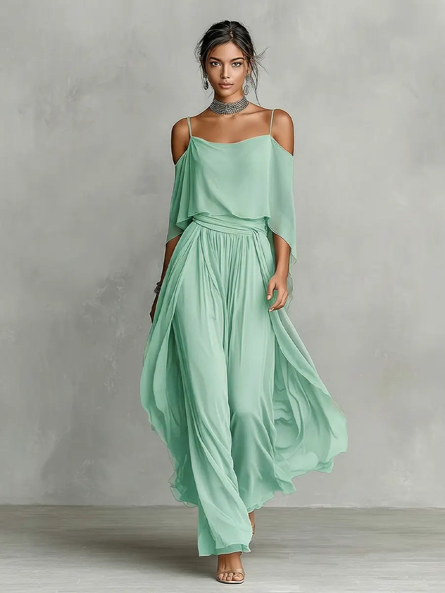 Simone | Women's Breathable Chiffon Set With Cold-Shoulder Detail & Flared Silhouette oaklynwear